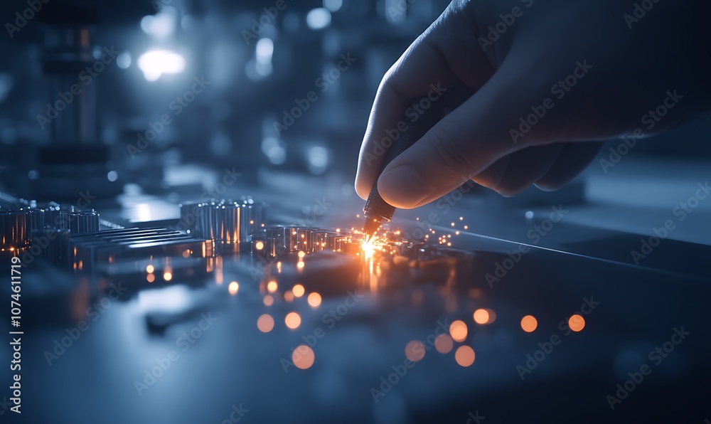 Leinwandbilder a close-up of a hand working on a circuit board, creating sparks, highlighting precision in electron