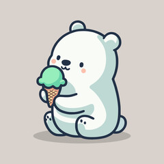 cute polar bear eating ice cream. wild animal cartoon character flat color vector illustration template design
