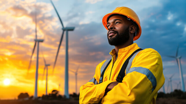 Offshore technician in yellow safety gear, standing confidently with wind turbines in background during sunset, showcasing dedication and professionalism