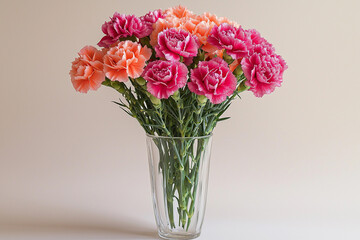 Colorful bouquet of pink and coral carnations in a clear vase