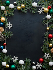 Christmas Border Design. Dark Texture Background with Ball Ornaments