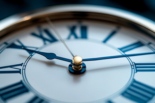 Close-up of a classic clock displaying Roman numerals during the day