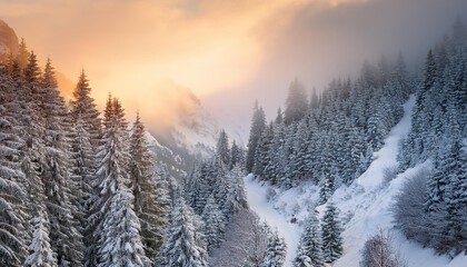 Golden sunrise illuminating snowy pine forest in winter wonderland