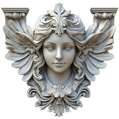 Fototapeta premium A beautiful angelic face with large wings is located in the center, with ornaments and decorative elements isolated on transparent background