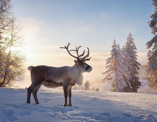 Obraz premium Reindeer standing in snowy landscape at sunset with fog