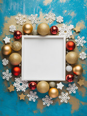 Christmas Frame. A Vibrant Blue Texture Background with Ball Ornaments