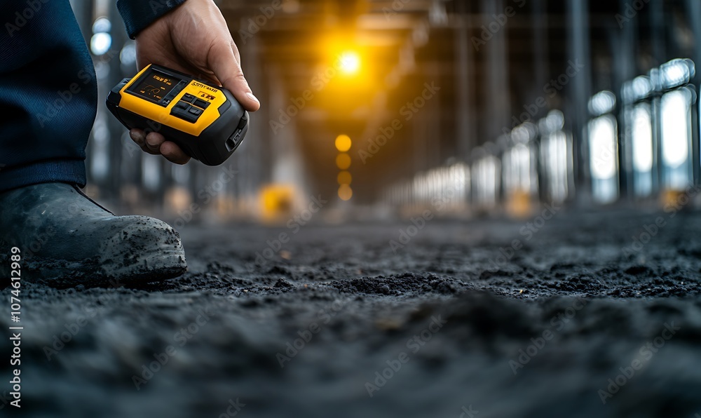 Aufkleber a person holds a handheld device while standing on dark ground, illuminated by warm lights in a cons