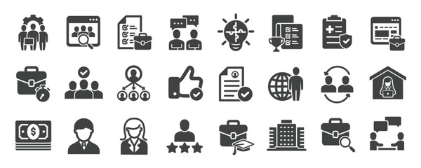 Human resources glyph solid icons collection. Containing  employee, job search, recruitment, job vacancy etc icons. For website marketing design, logo, app, template, ui, etc. Vector illustration.
