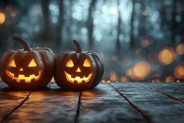 Halloween pumpkins arranged on a wooden table, with a blurred backdrop of a spooky forest at night, perfect for a Halloween-themed banner design.