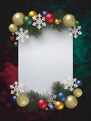 Christmas Border Design. Dark Texture Background with Red, Green And Gold Ball Ornaments