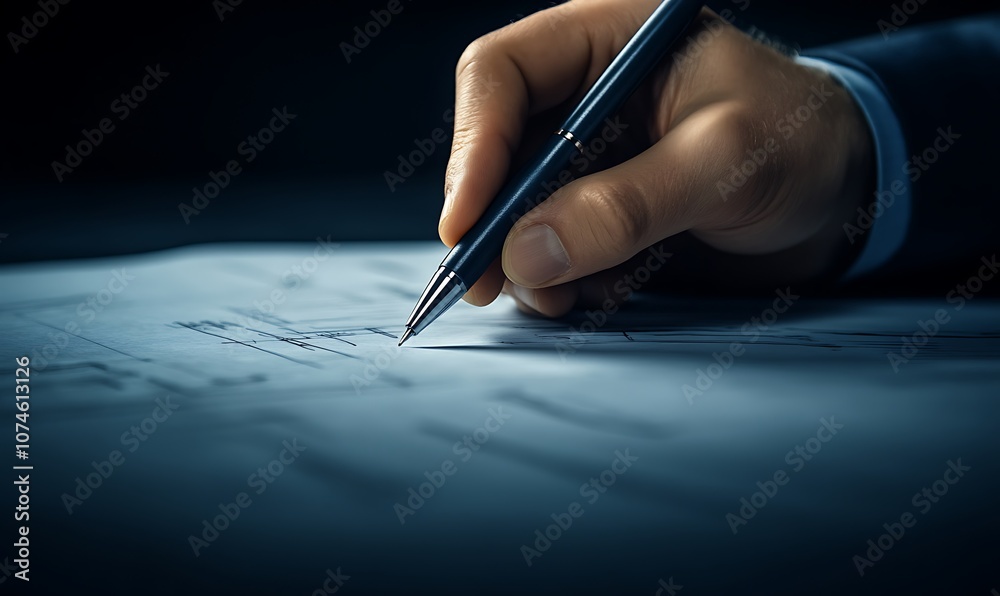 Poster a close-up of a hand writing on paper with a pen, symbolizing focus, creativity, or important docume