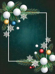Christmas Border Design. Dark Texture Background with Ball Ornaments