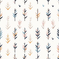 A colorful pattern of stylized trees on a light background, featuring various leaf designs and soft hues that create a gentle and modern aesthetic.