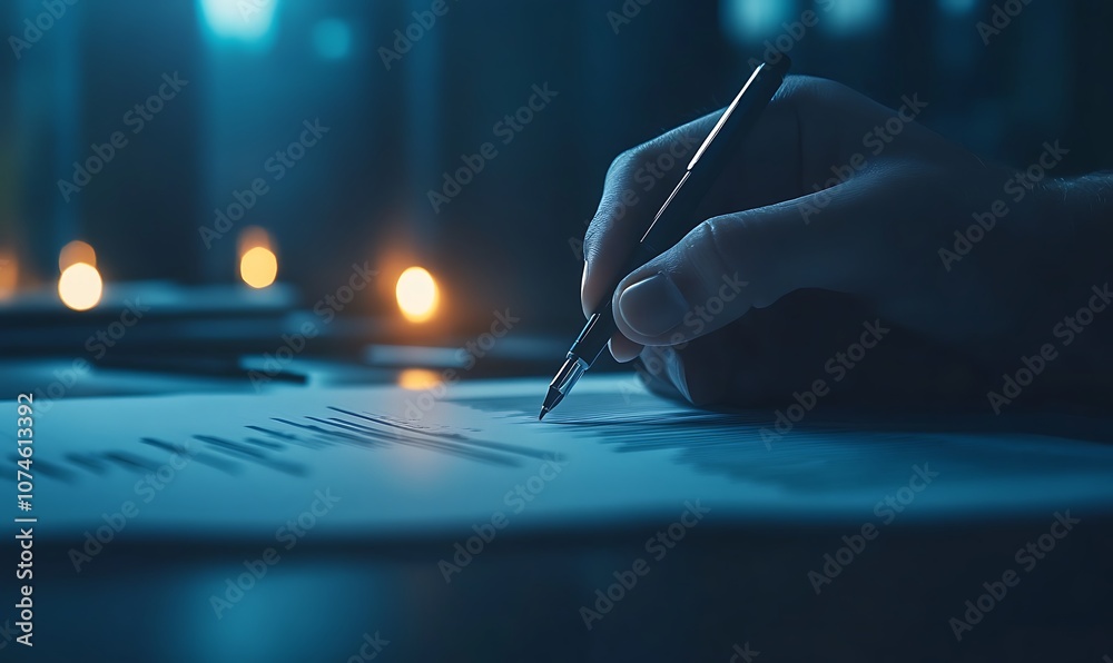 Poster a hand holding a pen writes on paper, illuminated by warm candlelight, creating a cozy and focused a