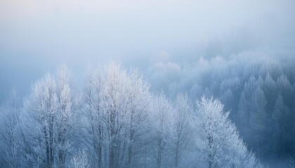 Frozen trees emerging from winter fog in the early morning light