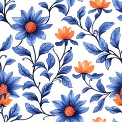 A vibrant floral pattern featuring blue flowers and orange blooms intertwined with green leaves on a white background.