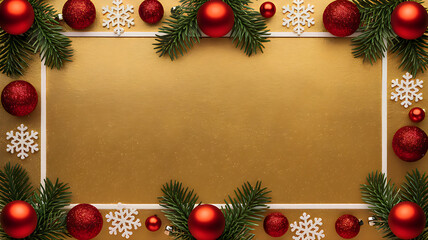Christmas Border Design. A Vibrant Gold Texture Background with Red Ornaments