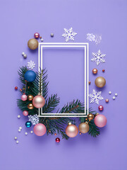 Christmas Frame. A Vibrant Pastel Purple Texture Background with Ball Ornaments