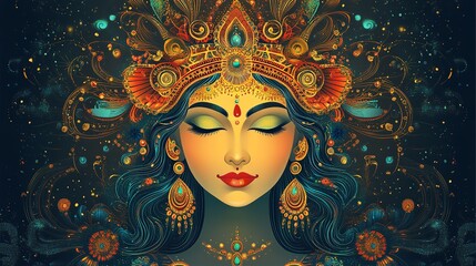 Celebrating the Indian religious festival of Maa Durga, featuring a design with the face of Goddess Durga, for Pooja and Navratri, ideal for a banner or card.