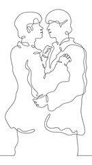 Continuous one line drawing gay couple in love. Homosexuals hugging. Lovers.One continuous line isolated minimal vertical illustration.Not AI.