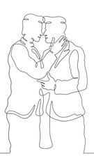 Continuous one line drawing gay couple in love. Homosexuals hugging. Lovers.One continuous line isolated minimal vertical illustration.Not AI.