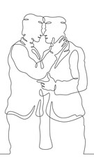 Continuous one line drawing gay couple in love. Homosexuals hugging. Lovers.One continuous line isolated minimal vertical illustration.Not AI.