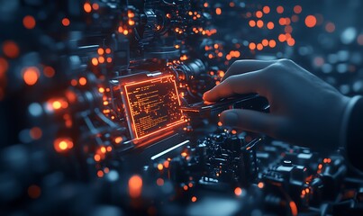A close-up of a hand interacting with a glowing electronic interface amidst a backdrop of intricate circuitry and bright lights.