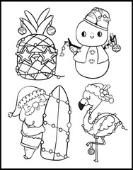 Cute Groovy Summer Christmas Playful cartoon Coloring page white and black outline set