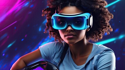 Neon blue, horizontal website banner copy space left, African American woman using virtual reality headset. girl with VR glasses who is diverse. Future-oriented technologies and