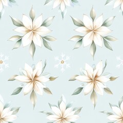 Fototapeta premium A soft-patterned design featuring delicate white flowers and green leaves against a light blue background, creating a serene and elegant atmosphere.