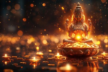 Innovative abstract banner or poster for Dhanteras featuring Goddess Lakshmi and a pot overflowing with gold coins, celebrating the Indian festivals of Dhanteras and Diwali.