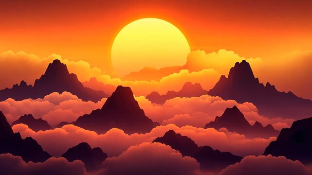 A pixel art sunset over a mountain range.