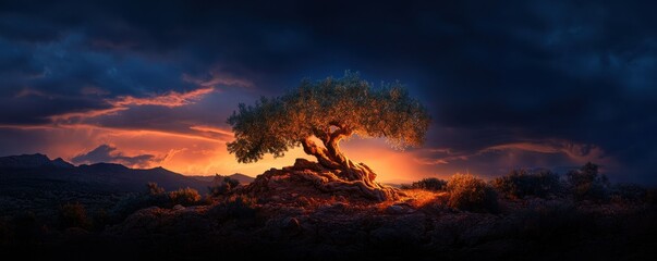 Fototapeta premium Majestic ancient olive tree with twisted branches, embodying centuries of history and resilience.