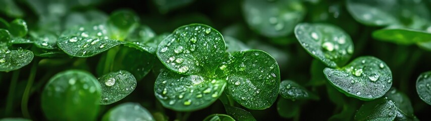 Close-up of vibrant green leaves with water droplets, showcasing the beauty of nature after a refreshing rain shower.