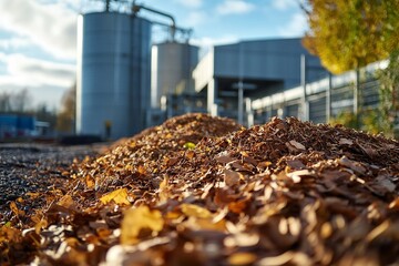 Close-up of a bioenergy facility featuring large silos holding biomass feedstock like agricultural residues and organic waste, ready for conversion into renewable energy&mdash;a sustainable energy source.
