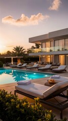 An elegant overwater villa with lounge chairs on the terrace, offering breathtaking views of the surrounding landscape.