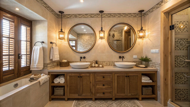 modern bathroom interior.Elegant home bathroom with a beige color palette, featuring dual sinks and round framed mirrors, complemented by warm lighting and natural wood accents