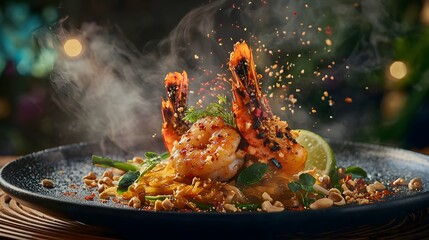 Exquisite Pad Thai with Grilled Shrimp and Garnishes