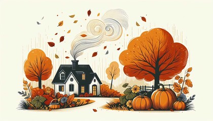 Illustration of a cozy house with autumn trees and pumpkins. Fall and harvest season concept