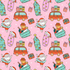 Pattern Seamless Groovy Christmas Summer Santa beach and car cartoon doodle isolated on background.