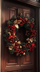 Traditional Christmas Door Wreath with Red Berries and Gold Accents - Made with Generative AI