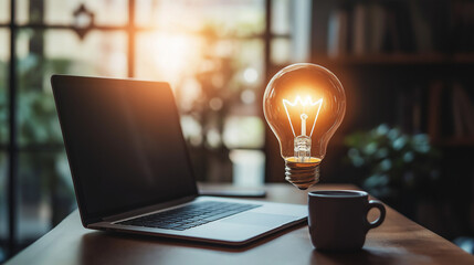 laptop with an idea bulb on the screen is placed in a modern office interior, symbolizing creativity and innovation for business ideas or technology concepts