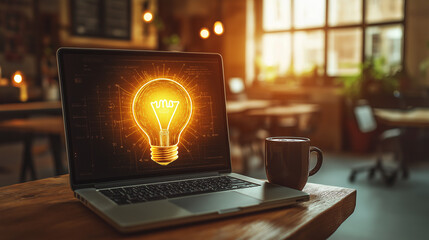 laptop with an idea bulb on the screen is placed in a modern office interior, symbolizing creativity and innovation for business ideas or technology concepts