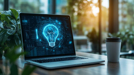 laptop with an idea bulb on the screen is placed in a modern office interior, symbolizing creativity and innovation for business ideas or technology concepts