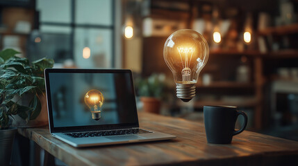 laptop with an idea bulb on the screen is placed in a modern office interior, symbolizing creativity and innovation for business ideas or technology concepts