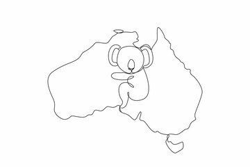 Single one line drawing koala animal in middle of map of the Australian continent. Aussie signature animal. Thick fur. Loves trees very much. Australia Day. Continuous line design graphic illustration © Simple Line