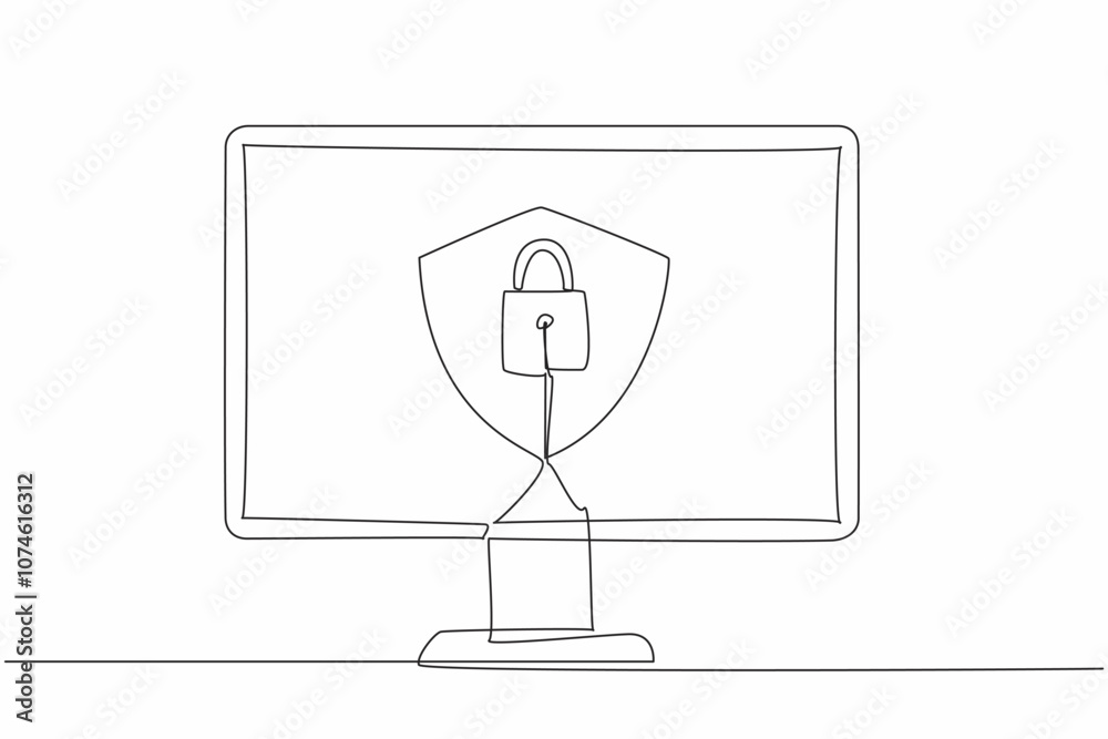 Poster single one line drawing shield and padlock in the middle of the computer monitor. computer use two s