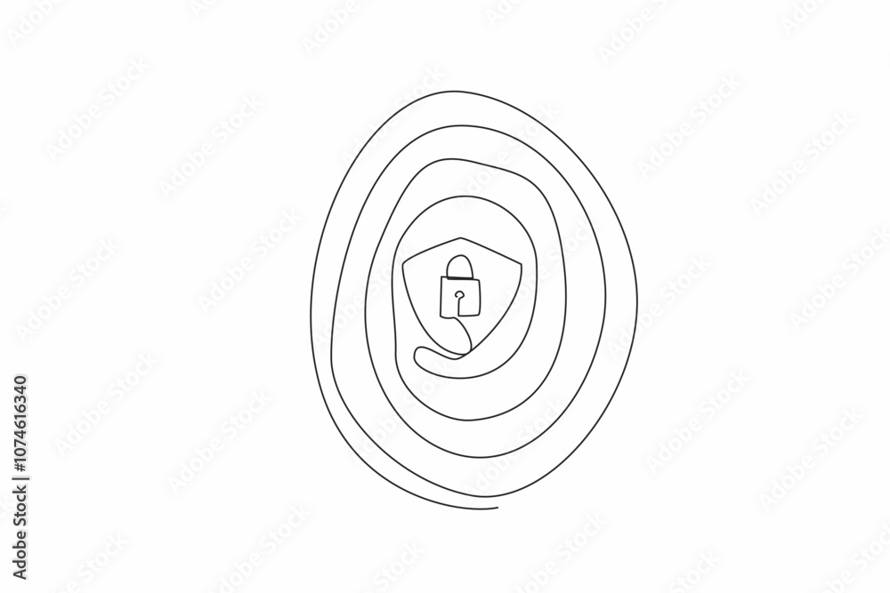 Poster single continuous line drawing fingerprints with a shield and padlock in middle. security verificati