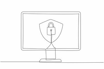 Single one line drawing shield and padlock in the middle of the computer monitor. Computer use two security systems. Protecting. Secure. Data Privacy Day. Continuous line design graphic illustration