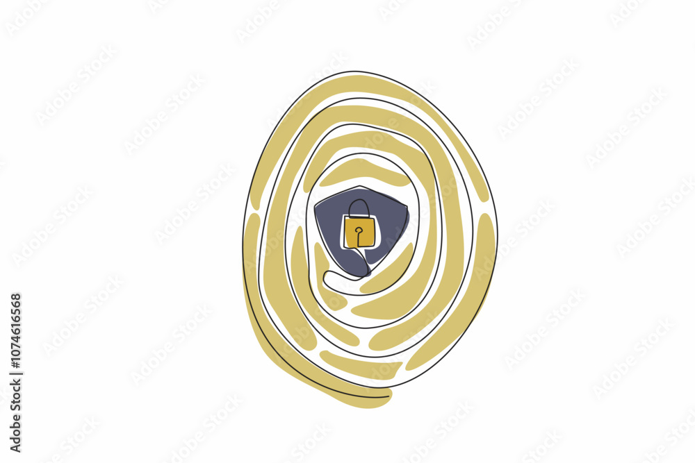 Poster single continuous line drawing fingerprints with a shield and padlock in middle. security verificati